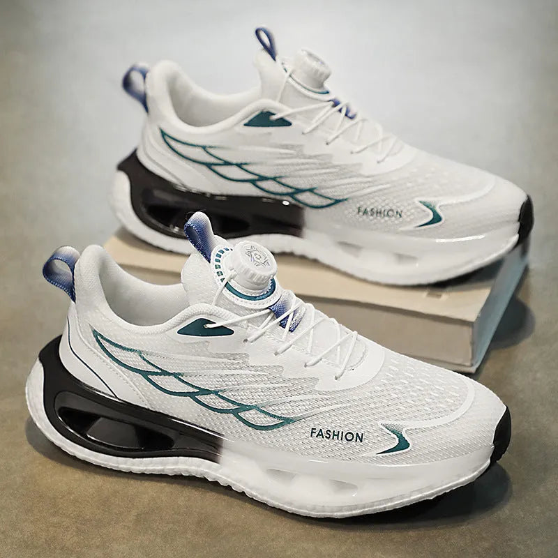 Youth men's low-top rotating button sneaker in light blue mesh with a rubber sole.