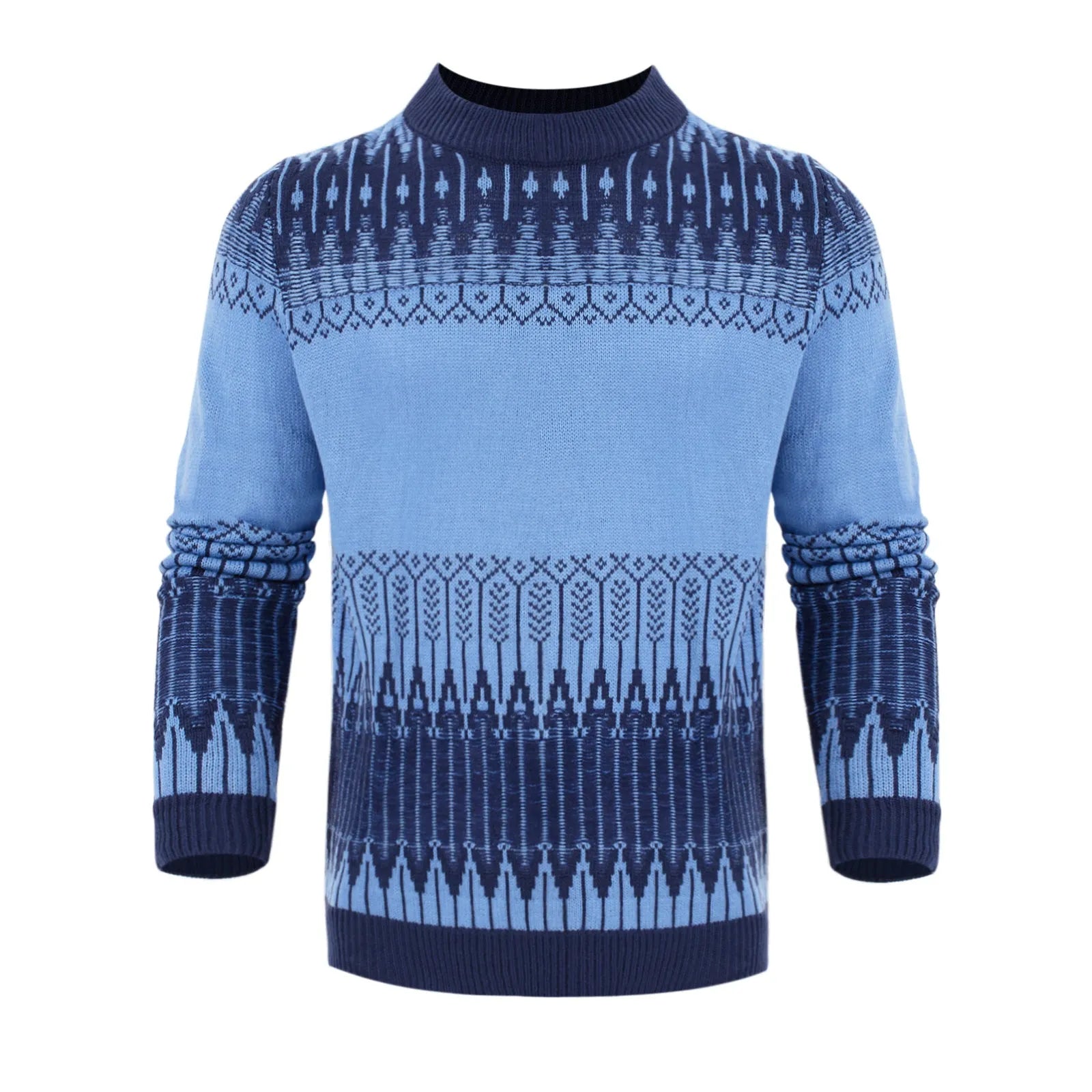 Men's grey knitted crew neck pullover sweater on a hanger.