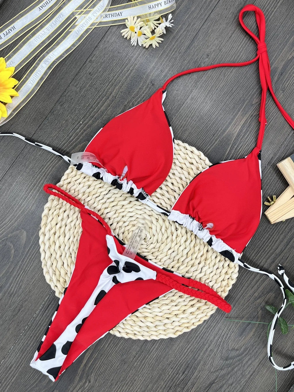 Heart printing backless split swimsuit in nylon fabric with cotton lining, available in sizes S, M, L