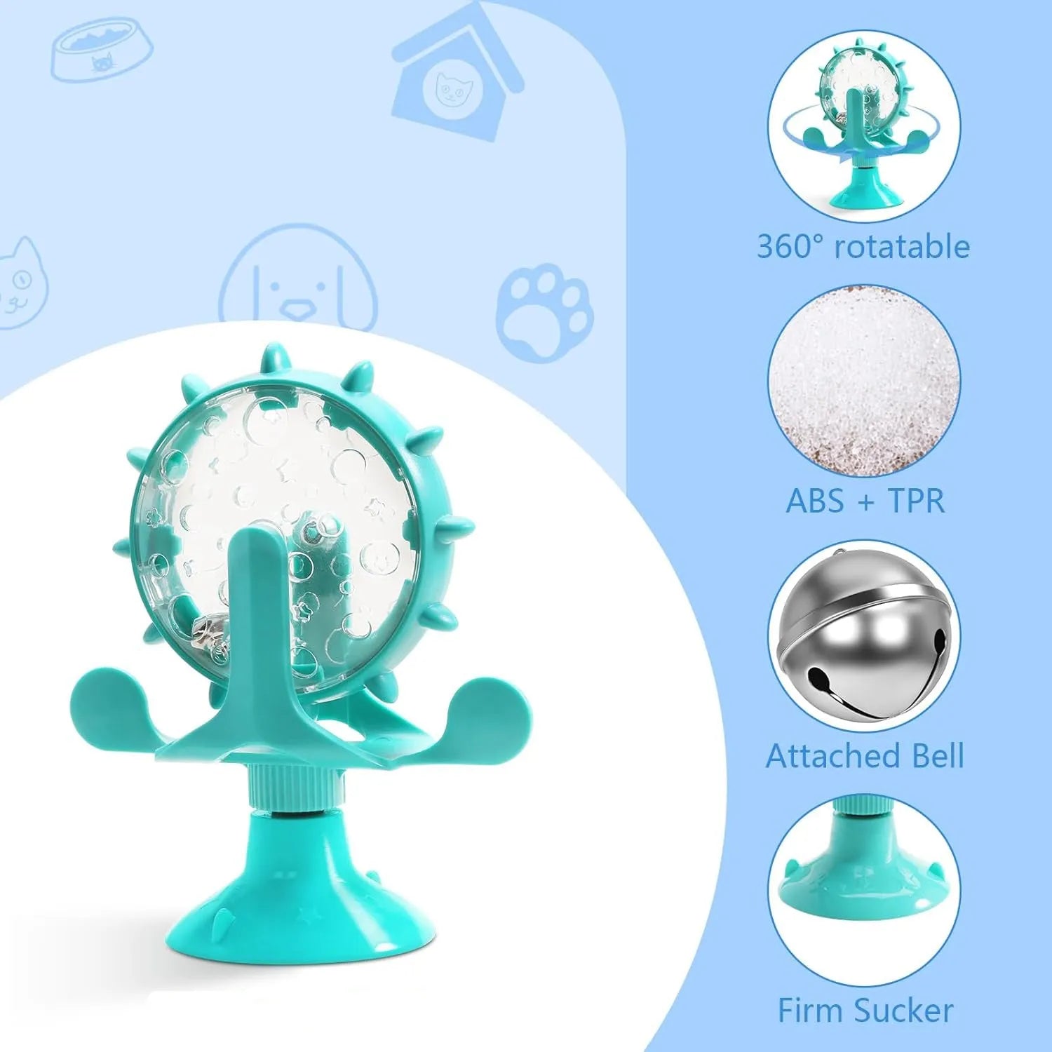 Blue interactive spinner puzzle toy for cats and dogs with suction base on a floor.