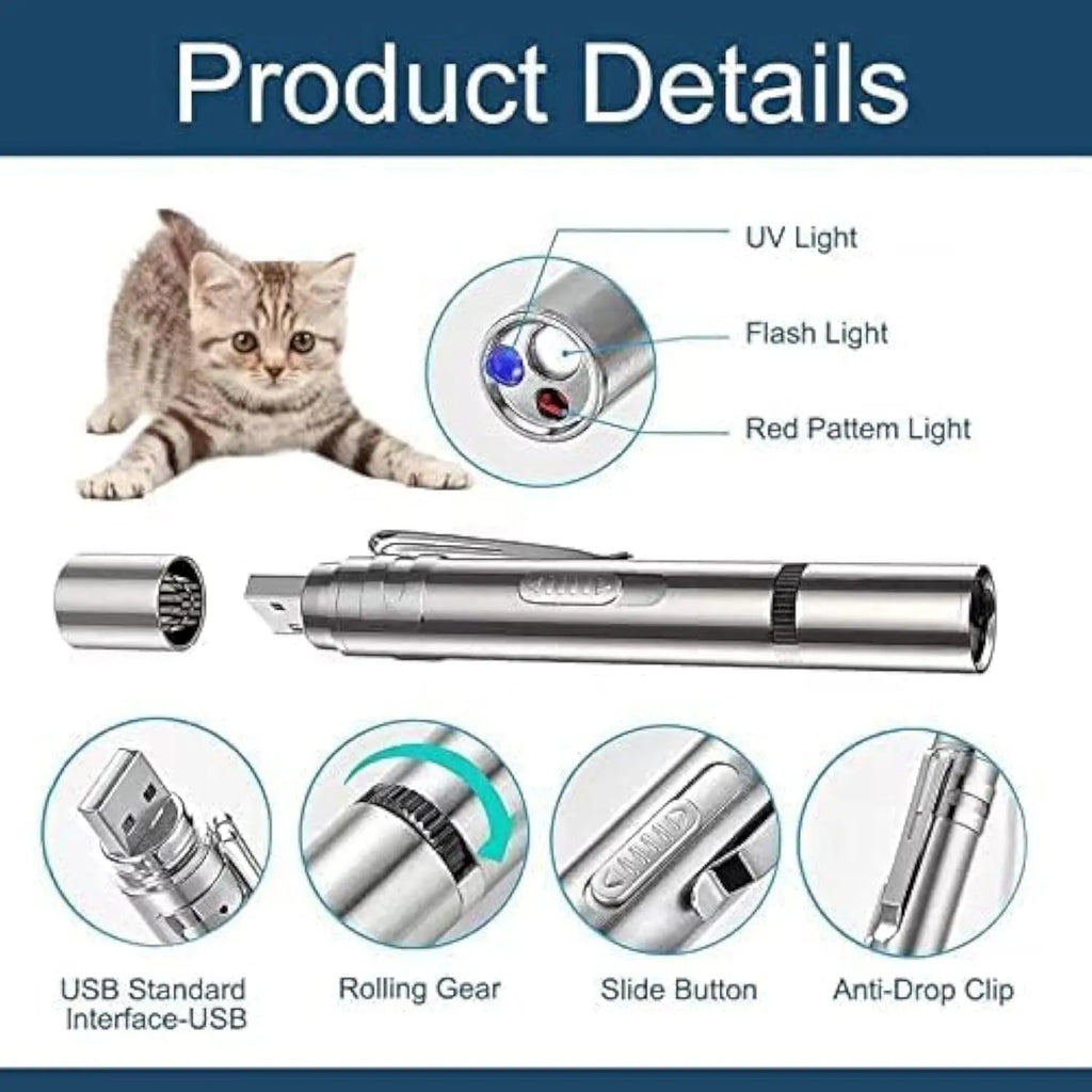 Silver aluminium cat toy pointer showing red dot pattern with USB charging port and metal clip
