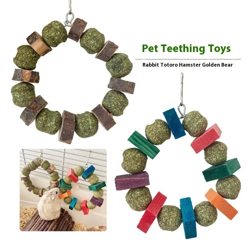 Hamster chew toy featuring straw ball ring design in colourful sequin or natural applewood finish