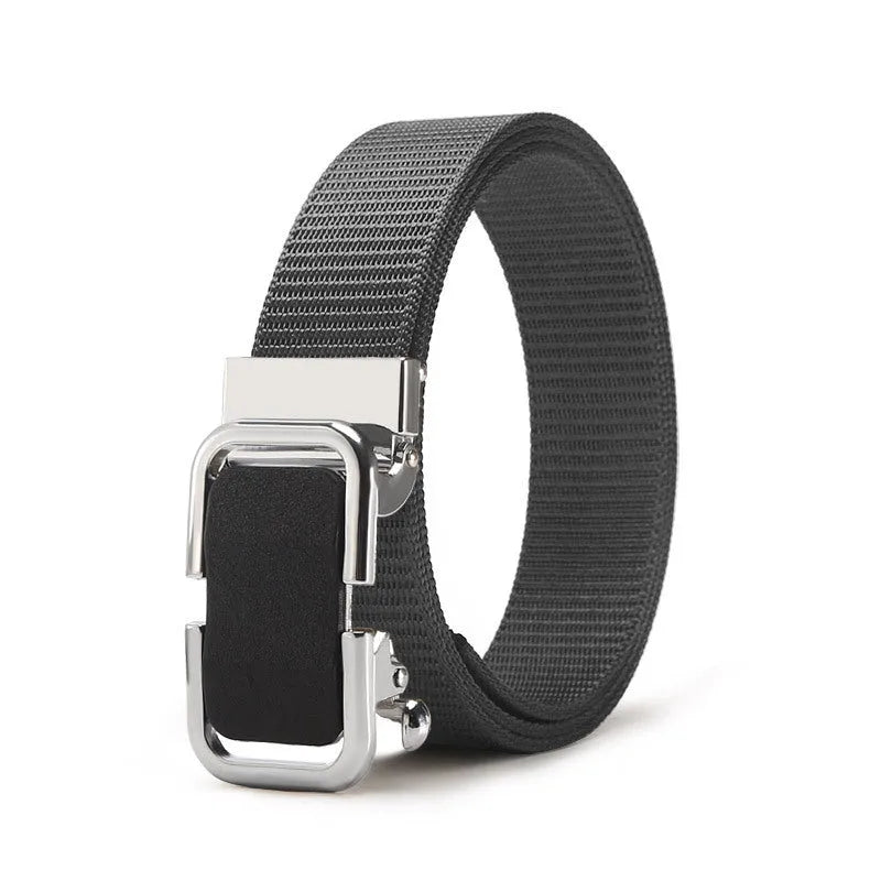 Men's nylon canvas belt in army green with an alloy buckle, laid flat showing 120cm length.