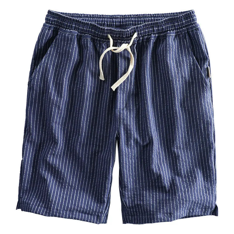 Men's striped casual cotton shorts with an elastic waistband shown in multiple colour options.