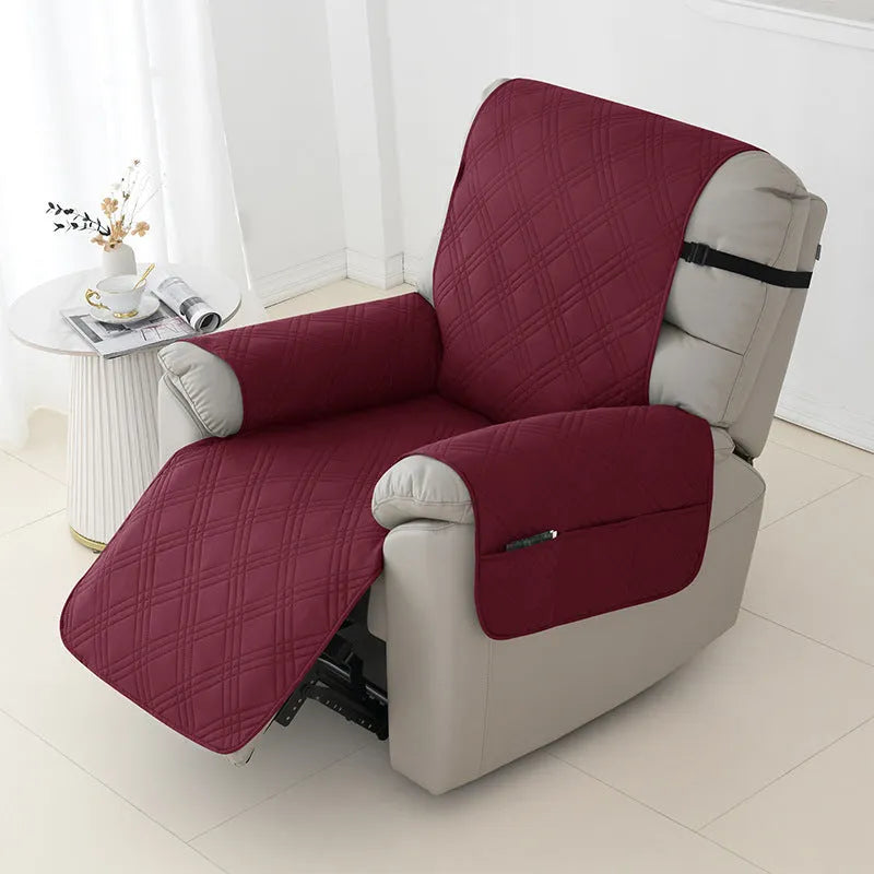 Quilted burgundy waterproof sofa cover fitted on a Chivas massage chair, American country style.