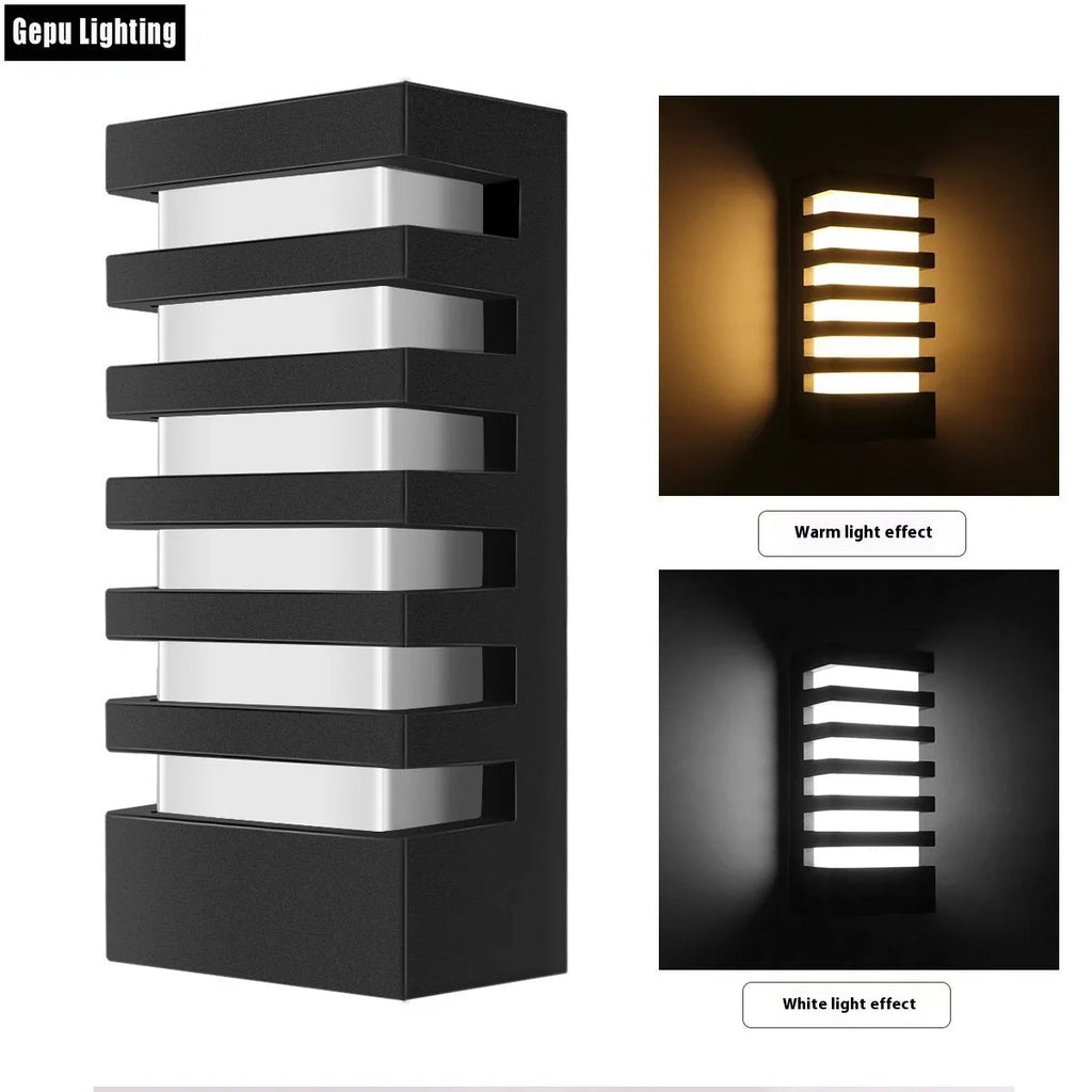 Modern minimalist outdoor wall lamp with aluminium alloy shell, shown in a grey finish mounted on a wall.