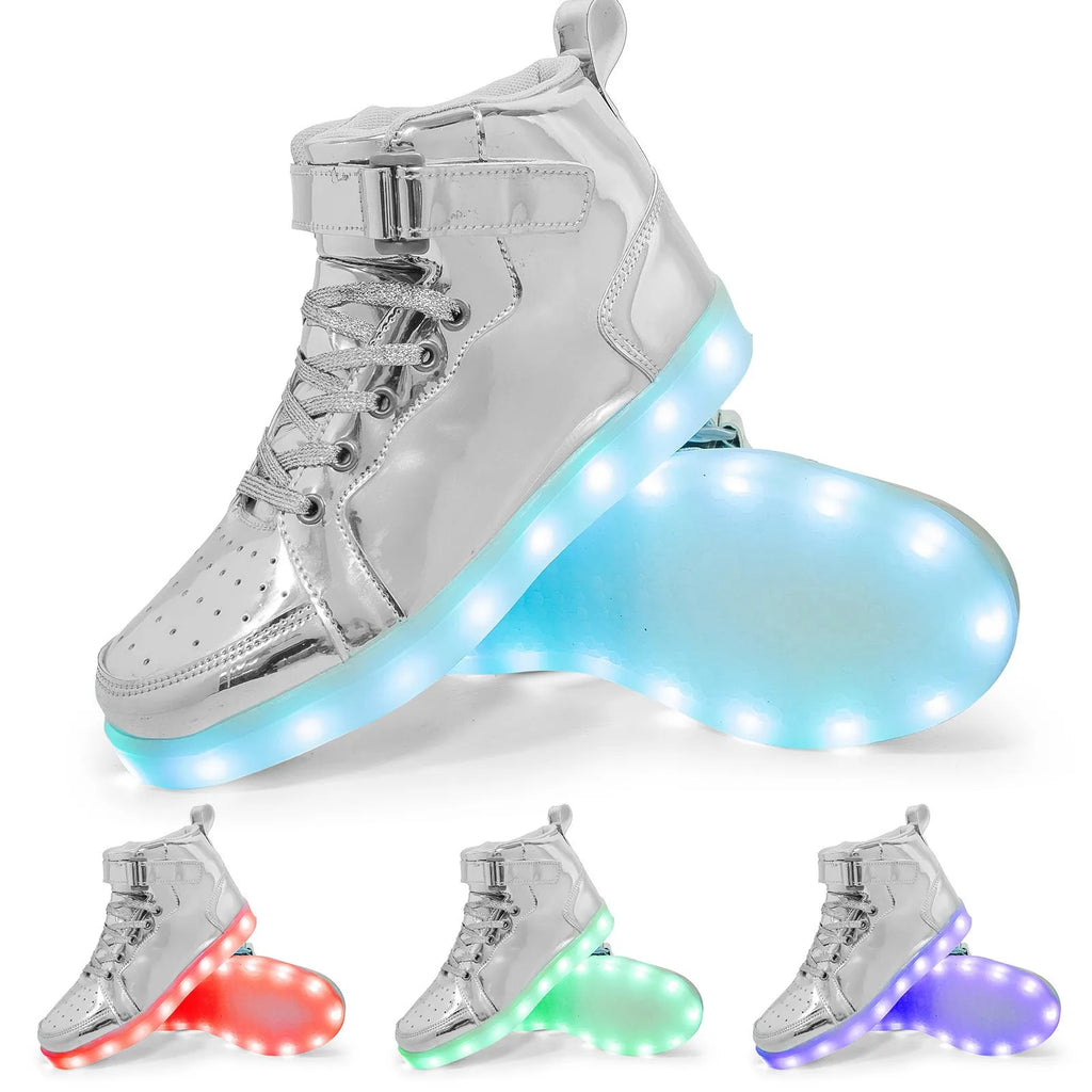 Pair of black high-top sneakers with illuminated LED lights and Velcro strap.