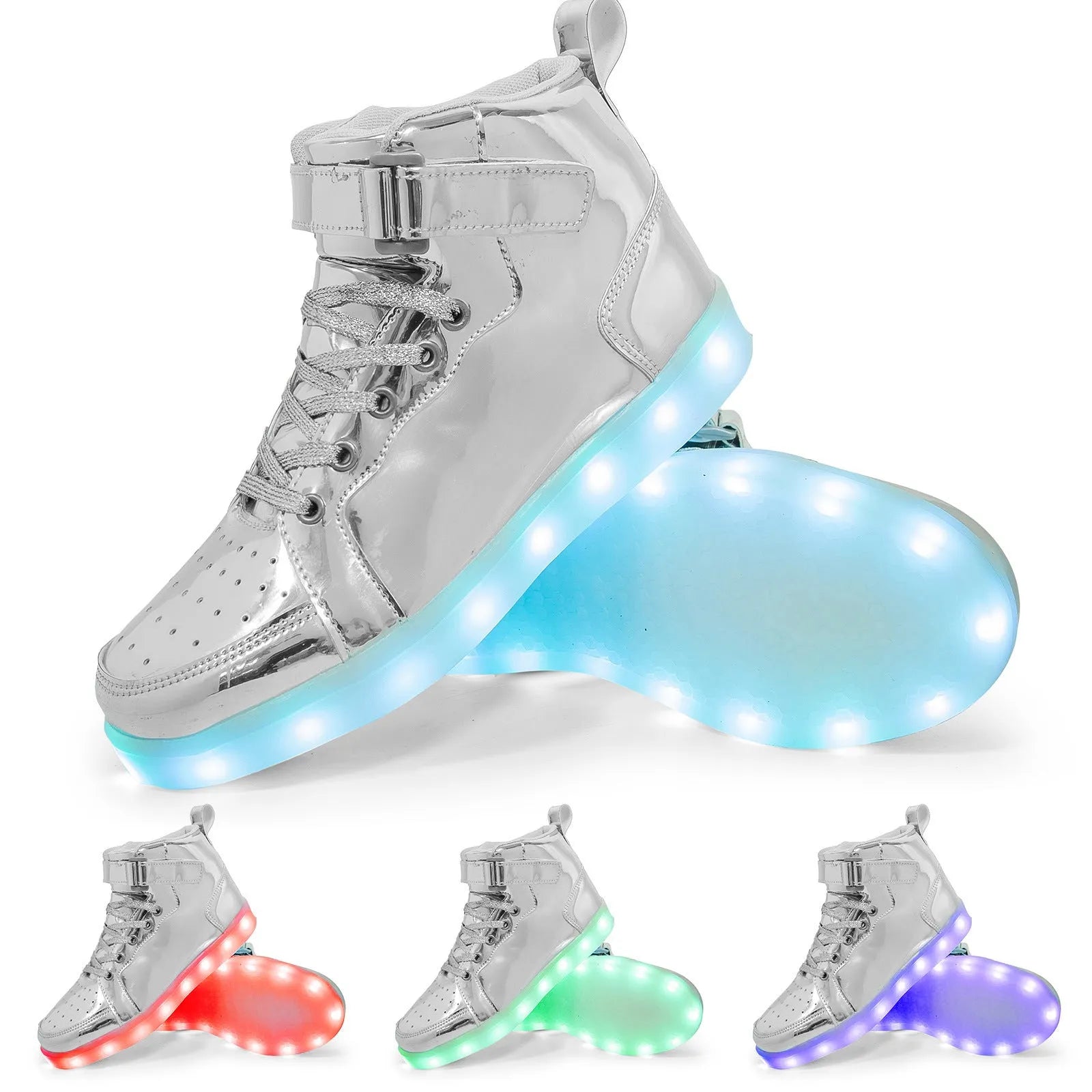 Pair of black high-top sneakers with illuminated LED lights and Velcro strap.