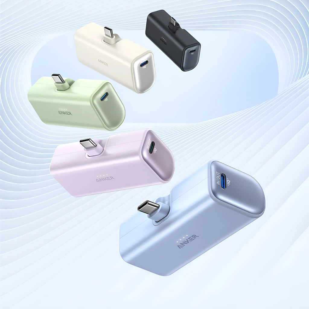 Compact capsule-shaped power bank in various colours with a fold-out USB-C connector.