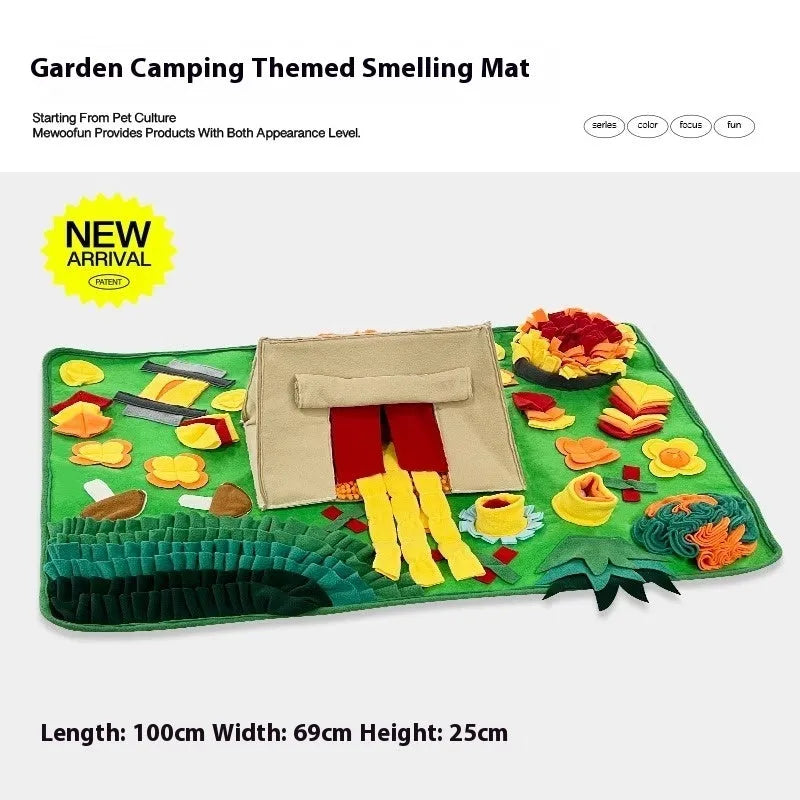 Fabric dog sniffing mat with themed pattern for hiding treats and kibble