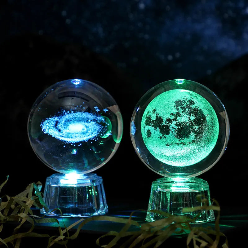 White crystal ball ornament with inner carving on fixed base for tabletop display
