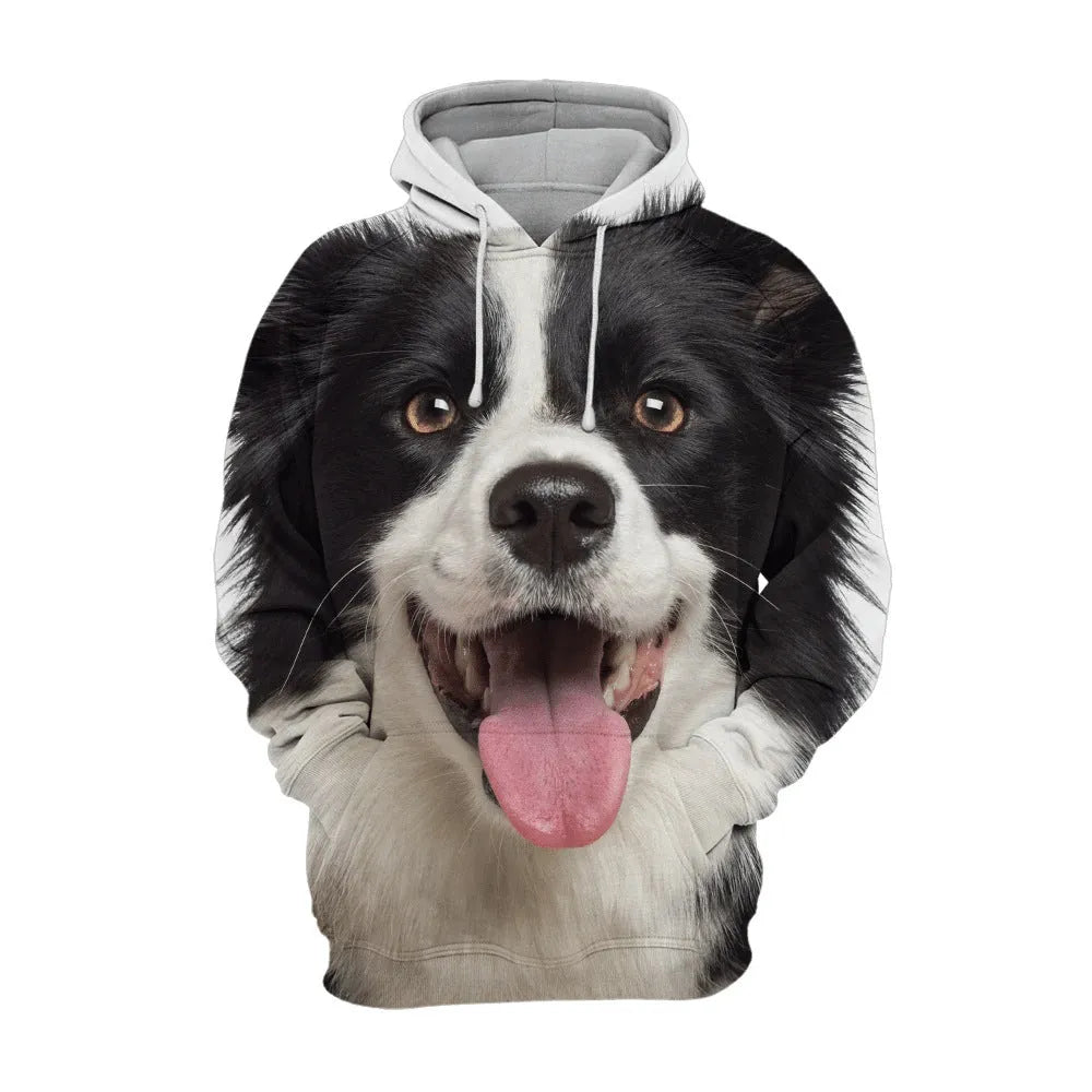 Men's animal dog print polyester hoodie with hood in loose pullover fit for winter