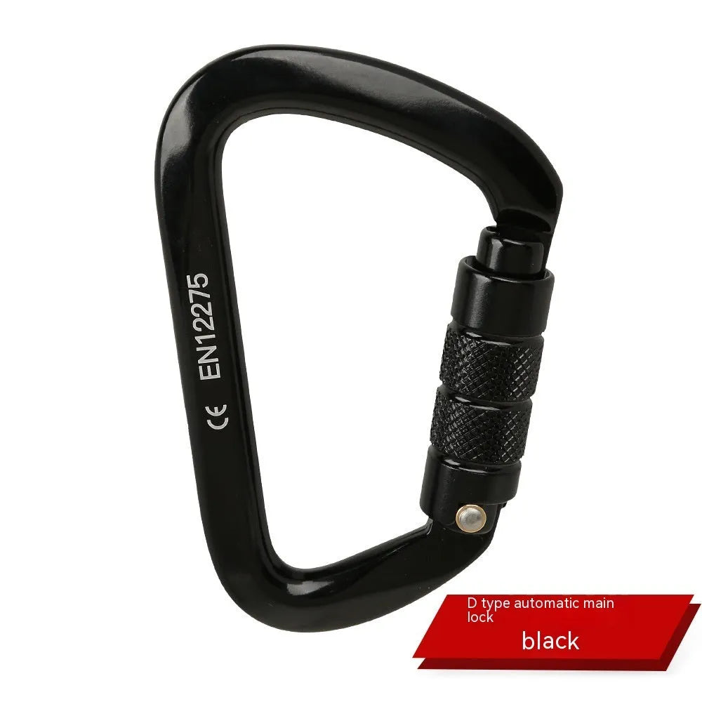 D-shaped climbing carabiner lock with automatic or threaded gate in colours: black, blue, orange, red, silver red.