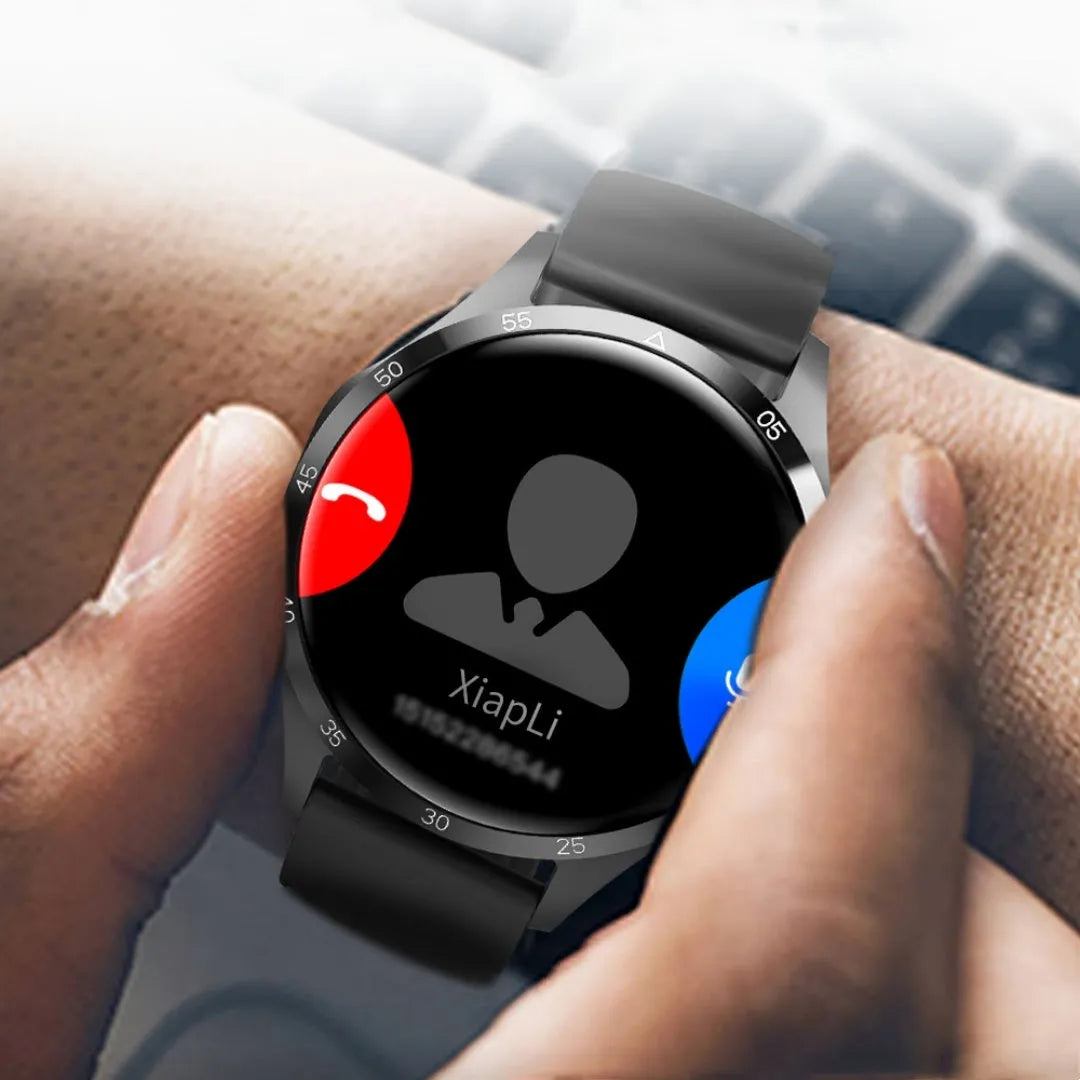 Black smartwatch with Bluetooth calling and health monitoring functions on a silicone strap.