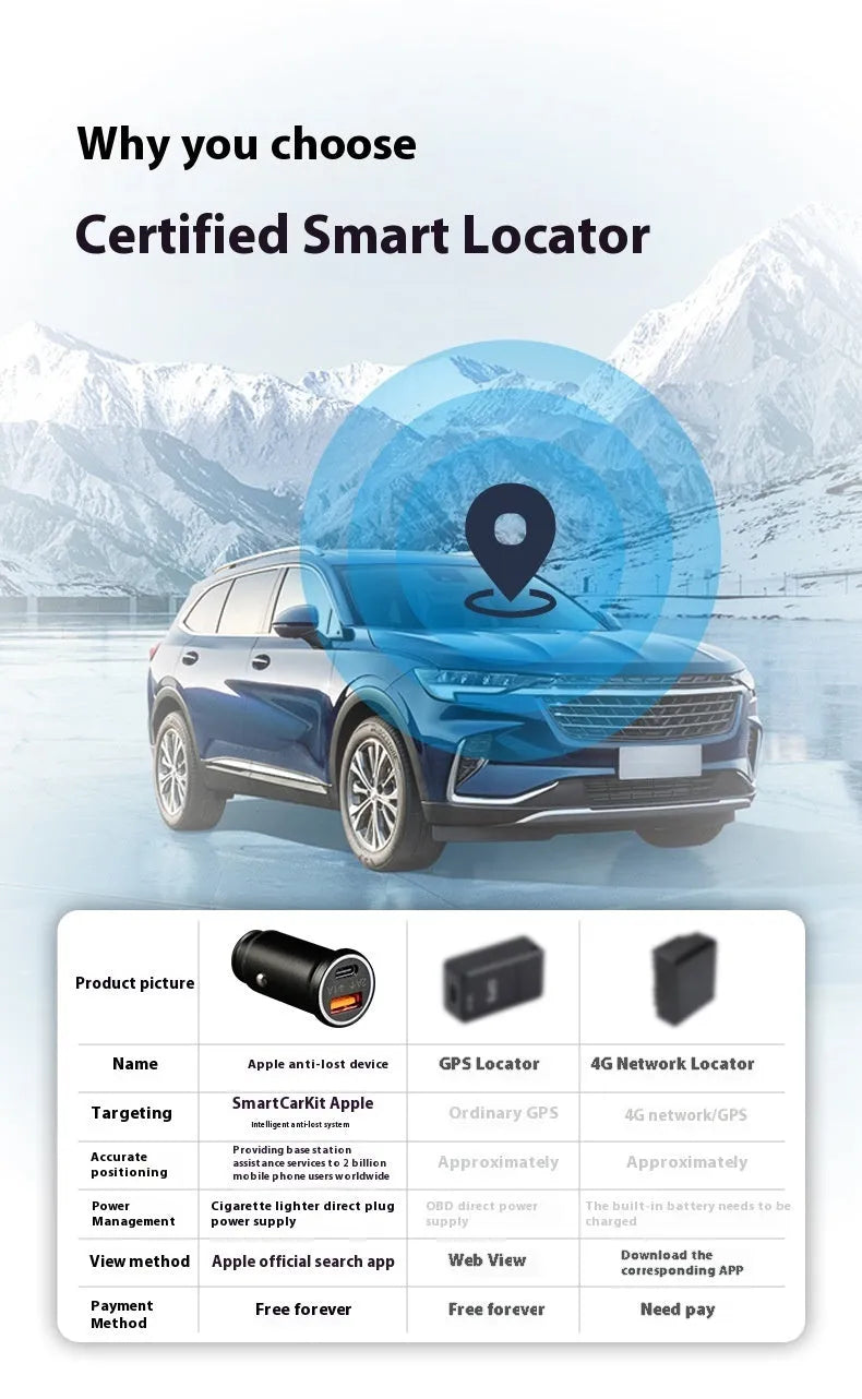 Black ABS plastic car GPS locator device for 12V charger socket.