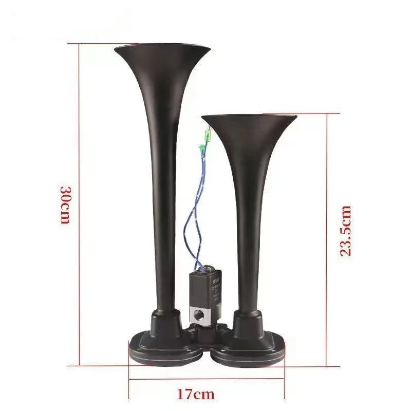 Black dual trumpet air horn kit with compressor for 12V and 24V vehicle installation
