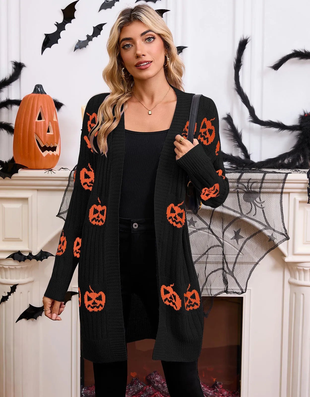 Women's black Halloween cardigan with jacquard pumpkin pattern, straight cut with regular sleeves