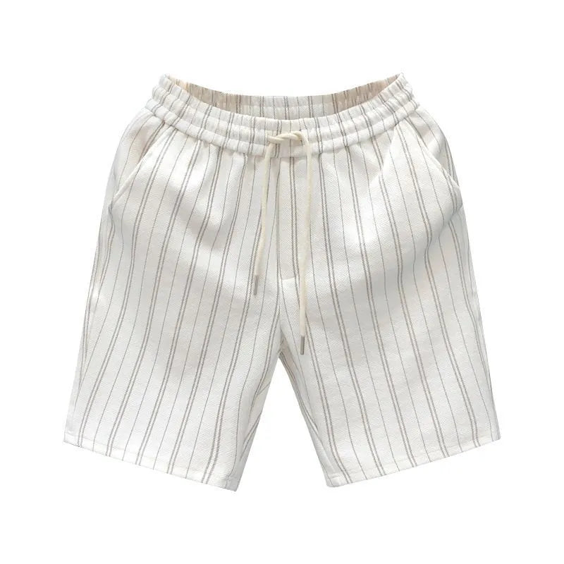Men's black and white striped fleece-lined casual shorts with a double-layer waistband.