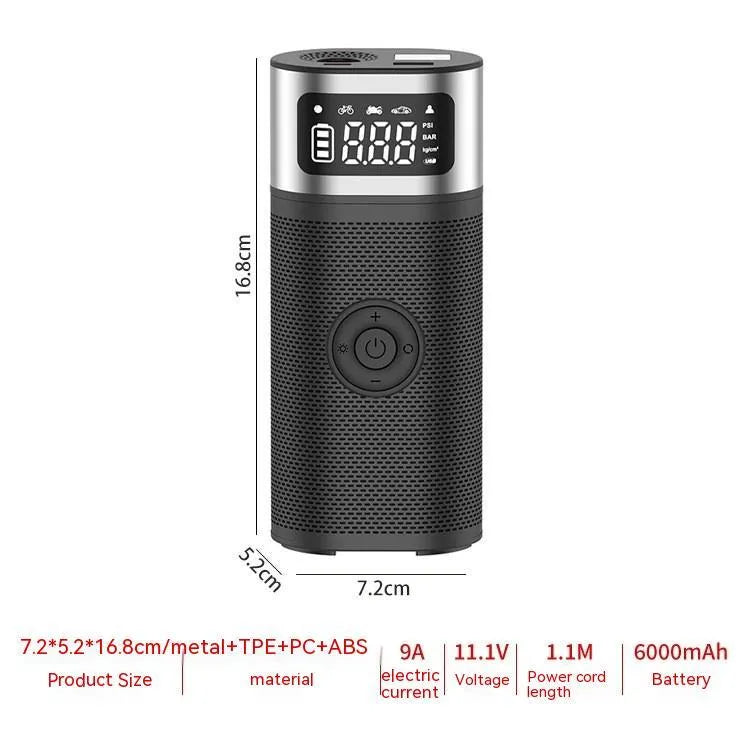 Black portable wireless air pump with 15cm tube, USB charging cable, and multiple nozzles for different inflation needs