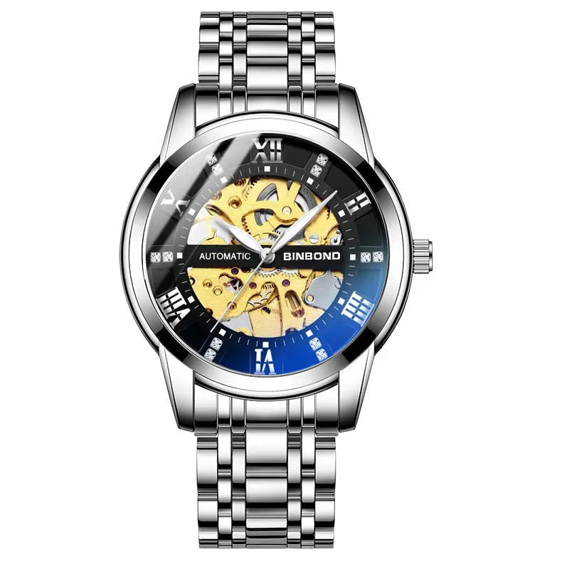 Men's automatic mechanical watch with luminous display metal case black steel black surface