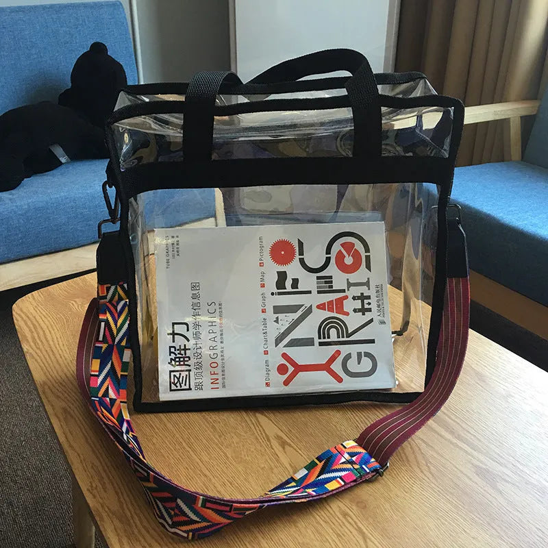 Women's transparent PVC crossbody messenger bag showing front 3D pocket and double shoulder straps.