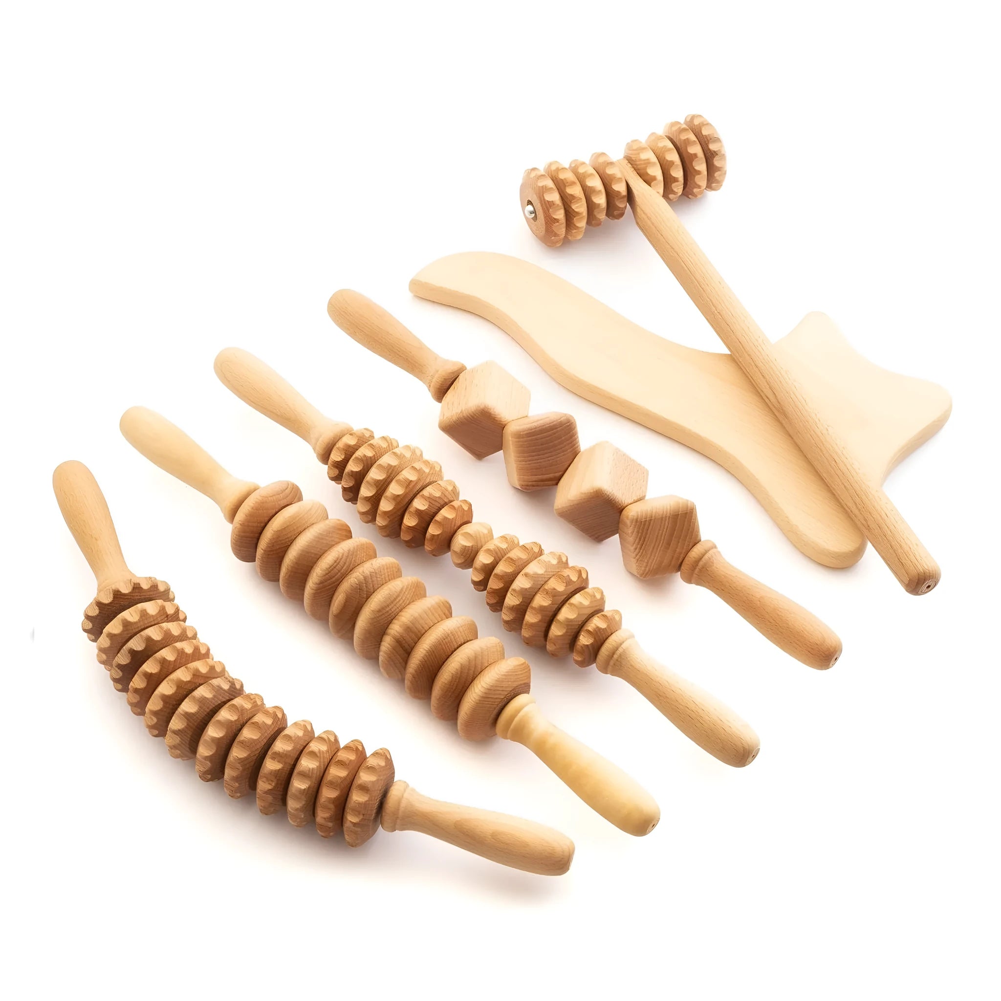 Solid beech wood massage roller set showing multiple shapes including T-shaped roller and wheel variants