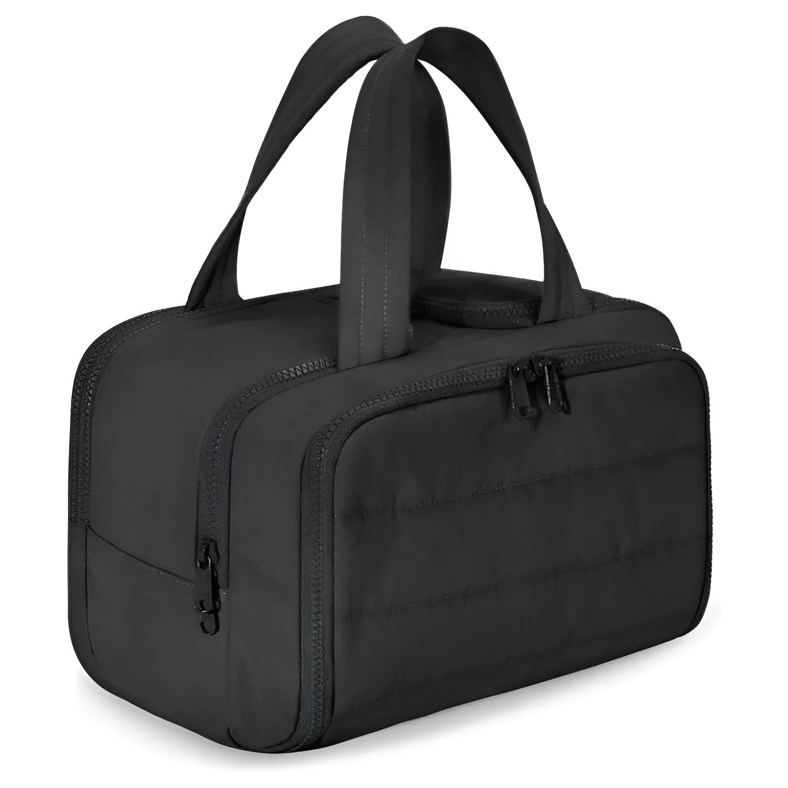 Large lightweight travel toiletry bag in black with wide opening, showing fluffy polyester material.