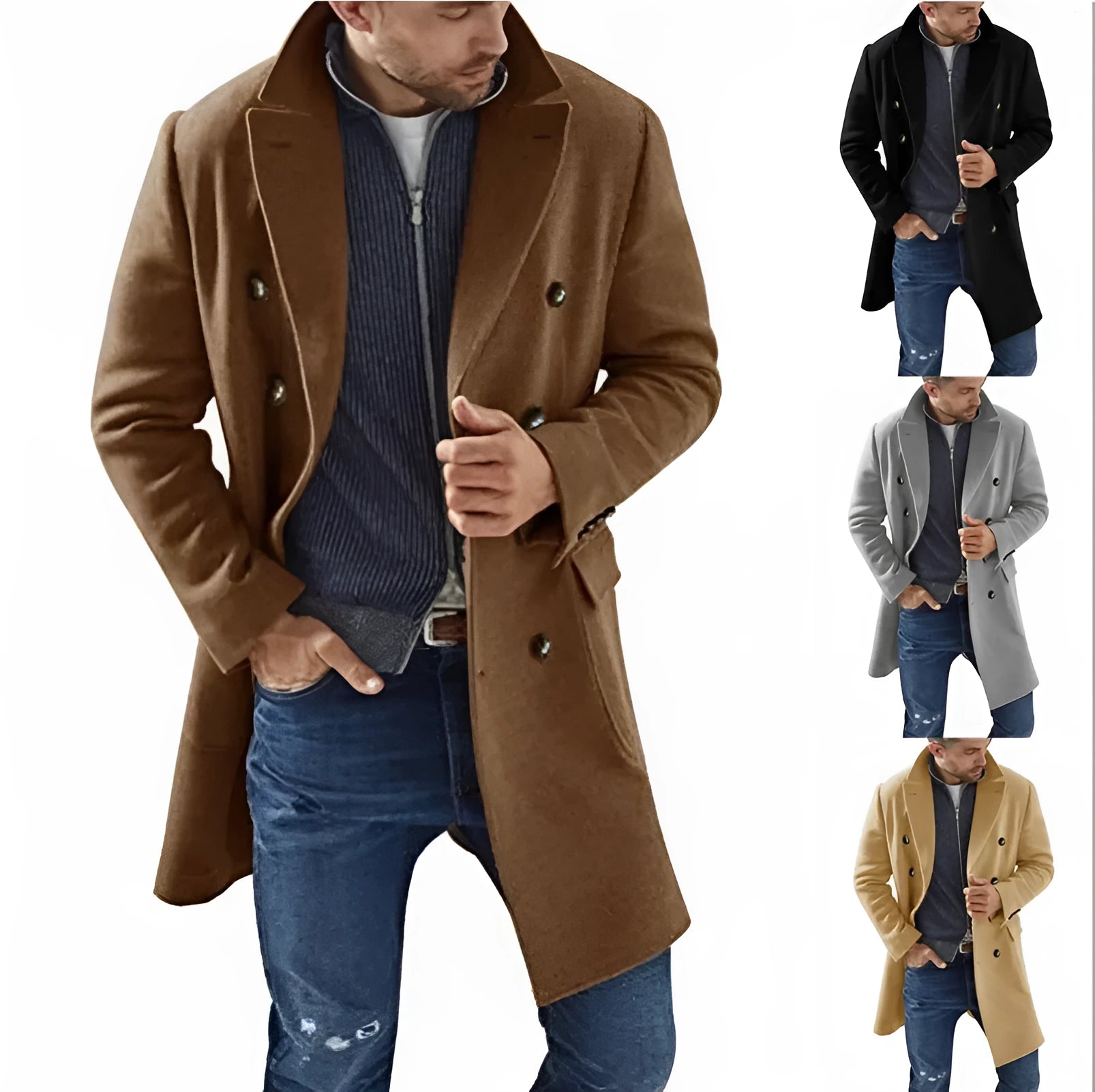 Woolen men's coat warm padded jacket in solid colour, available in black camel khaki light gray