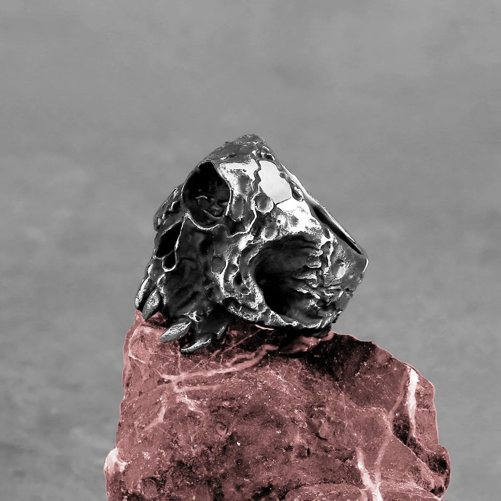 Alloy skull ring with one-eyed design and electroplated finish showing retro styling