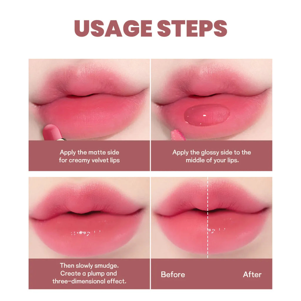 Double-headed lipstick and lip gloss cosmetic product showing matte finish with ten colour options