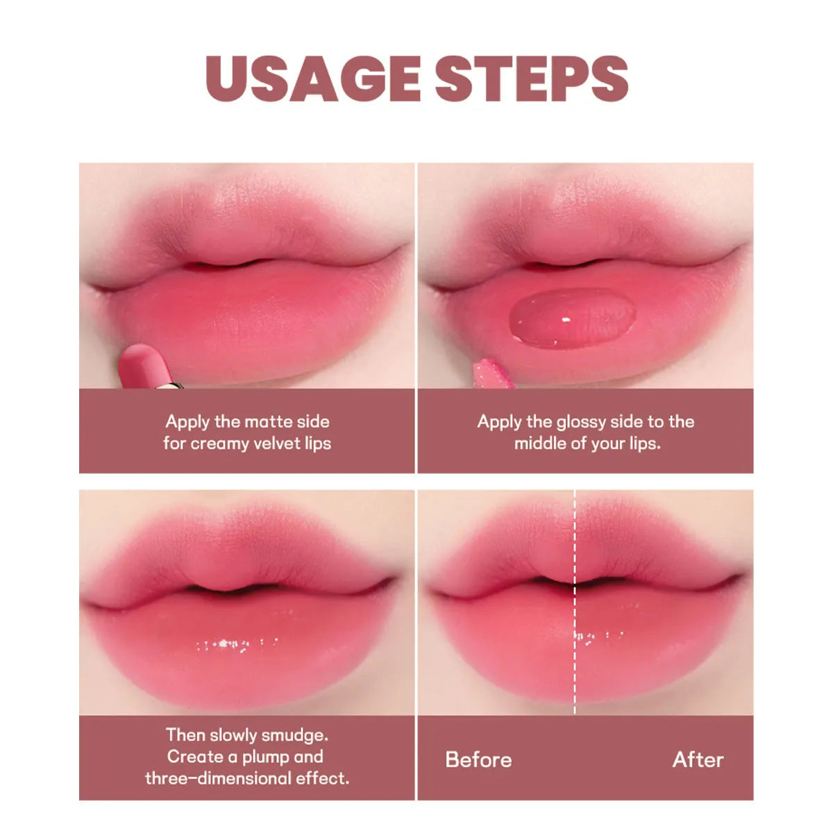 Double-headed lipstick and lip gloss cosmetic product showing matte finish with ten colour options