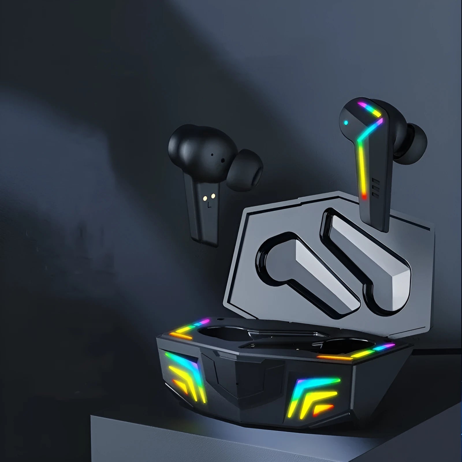 Black wireless TWS Bluetooth headset with low latency for gaming and sport