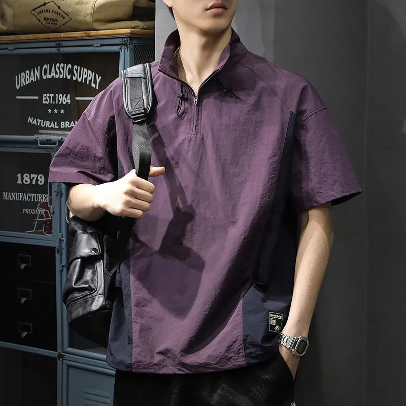 Men's brown half-zip stand collar business shirt with short sleeves and loose fit for summer