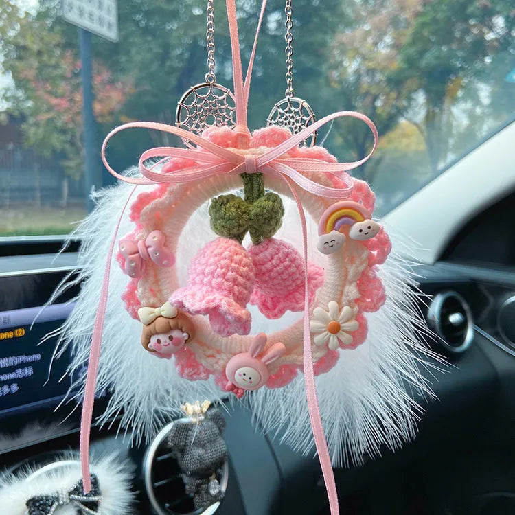 Woven wool bell orchid car hanger pendant in green colour with dream catcher accessory
