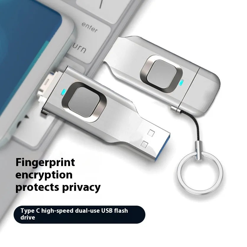 Black fingerprint USB flash drive showing USB 3.0 and Type-C connectors