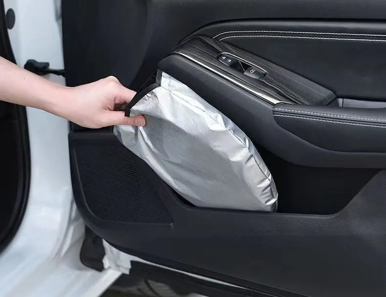 Aluminium foil car windscreen sunshade in titanium silver, shown folded and unfolded.