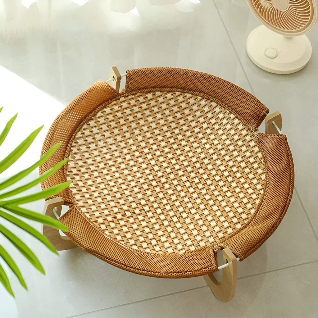 Brown woven rattan pet hammock bed measuring 46x46cm with a 17.5cm high frame