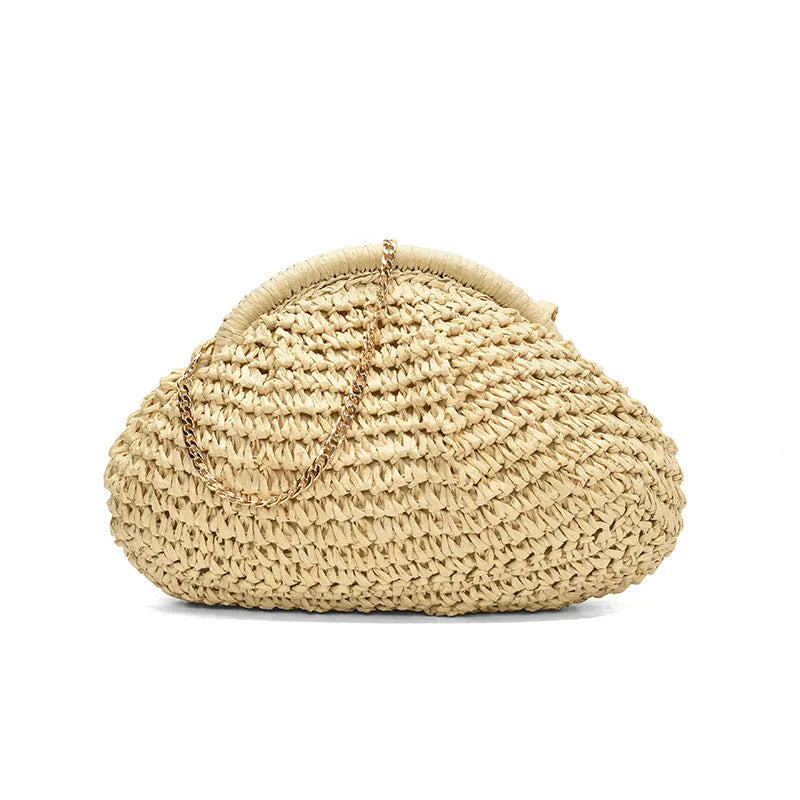 Shell-shaped women's straw bag with chain strap in khaki colour option showing zippered pocket detail