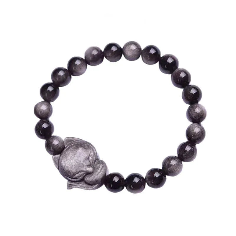 Obsidian fox bracelet with 8mm polished bead and fox charm on black elastic cord