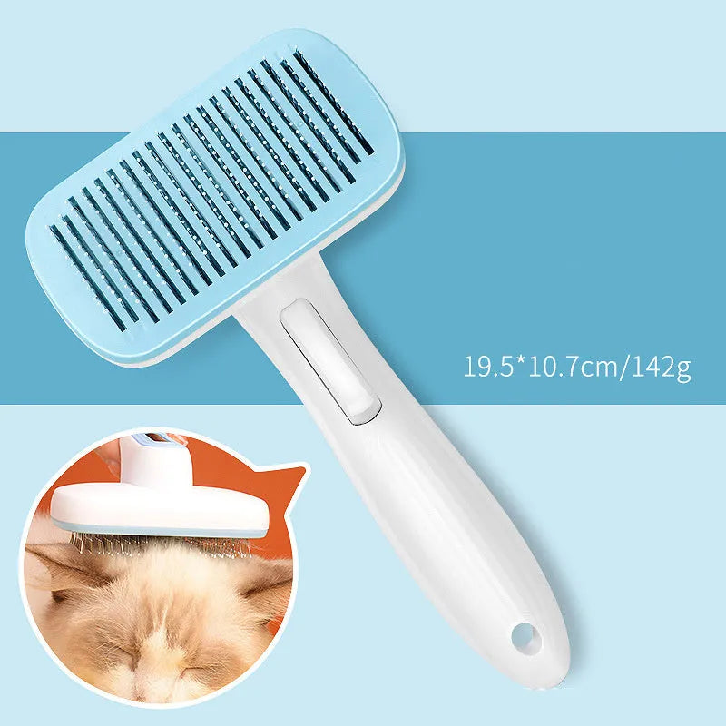 Automatic pet hair removal comb for dogs and cats in blue, grey, green, or pink with one-click needle technology