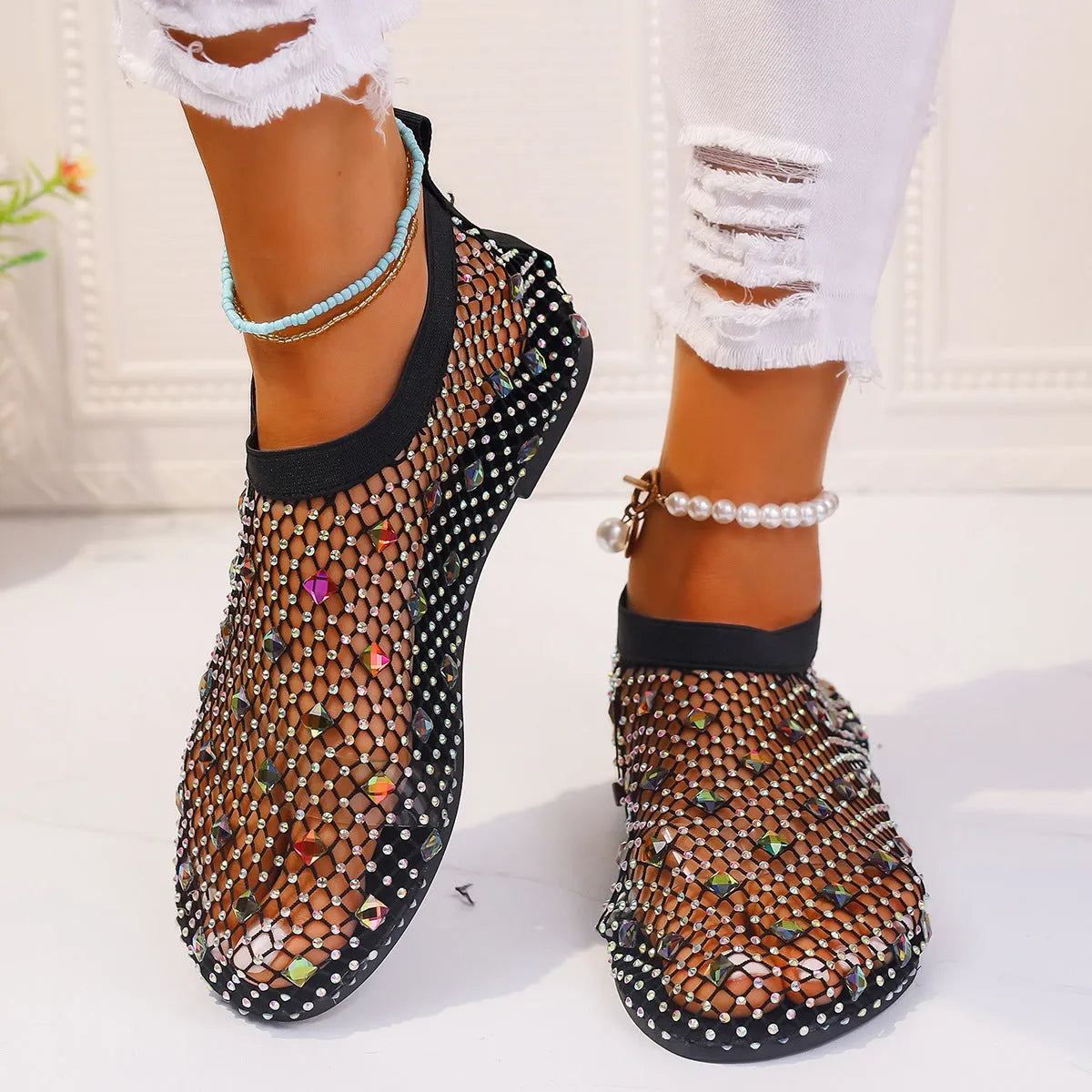 Women's colourful rhinestone decorated mesh flat sandals with round toe and rubber soles