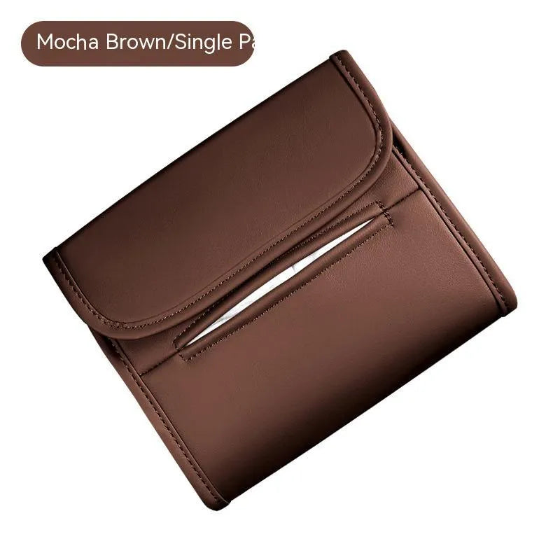 Leather car tissue box with elastic band for mounting on car seat or sun visor