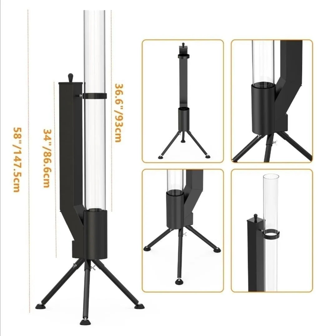 Vertical cast iron wood burning rocket furnace heating stove for courtyard or patio use.