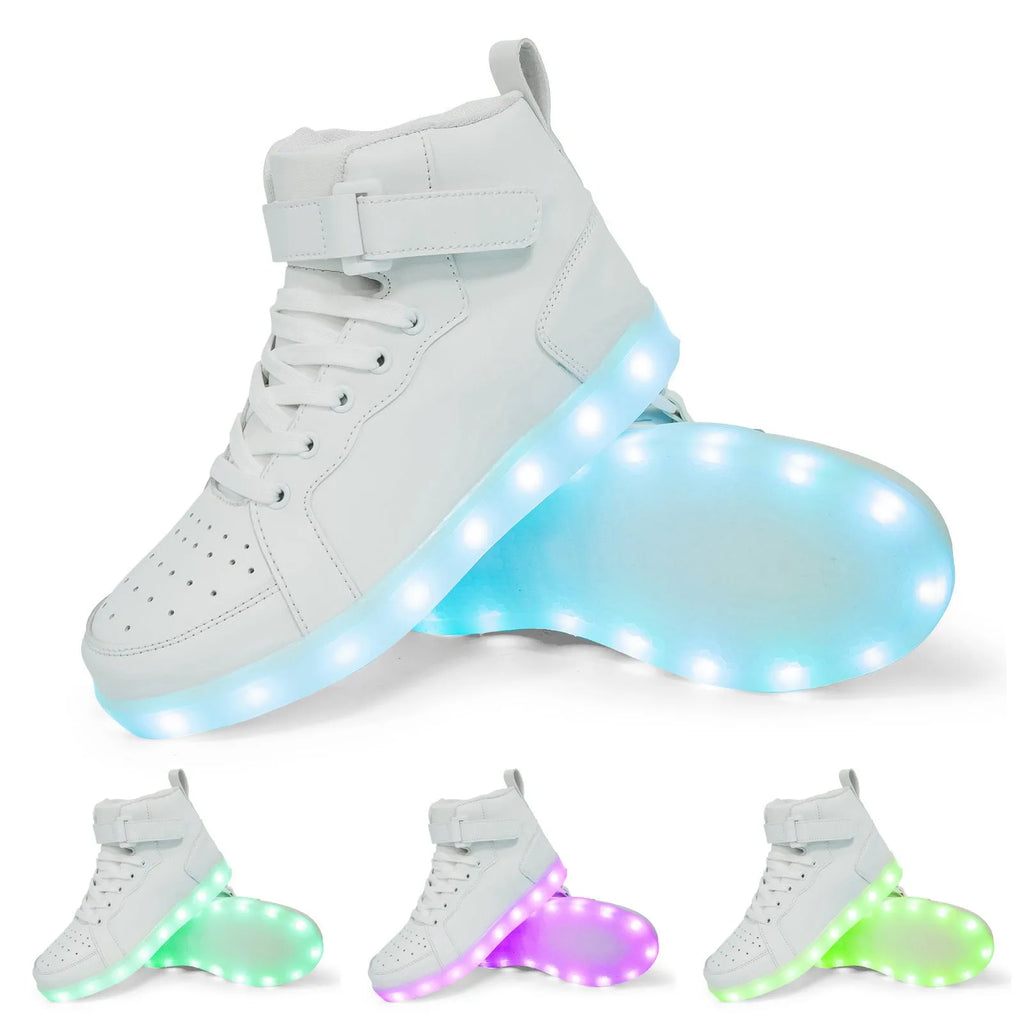 Pair of black high-top sneakers with illuminated LED lights and Velcro strap.