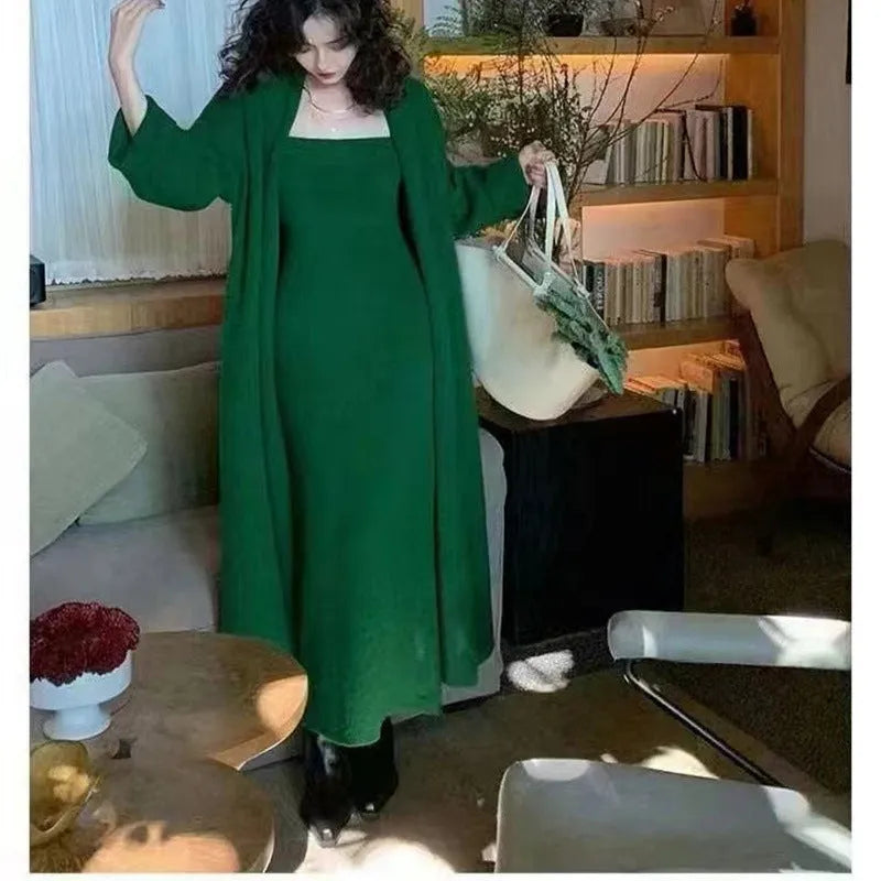 Grey women's knitted cardigan and long dress suit set with flocking detail.