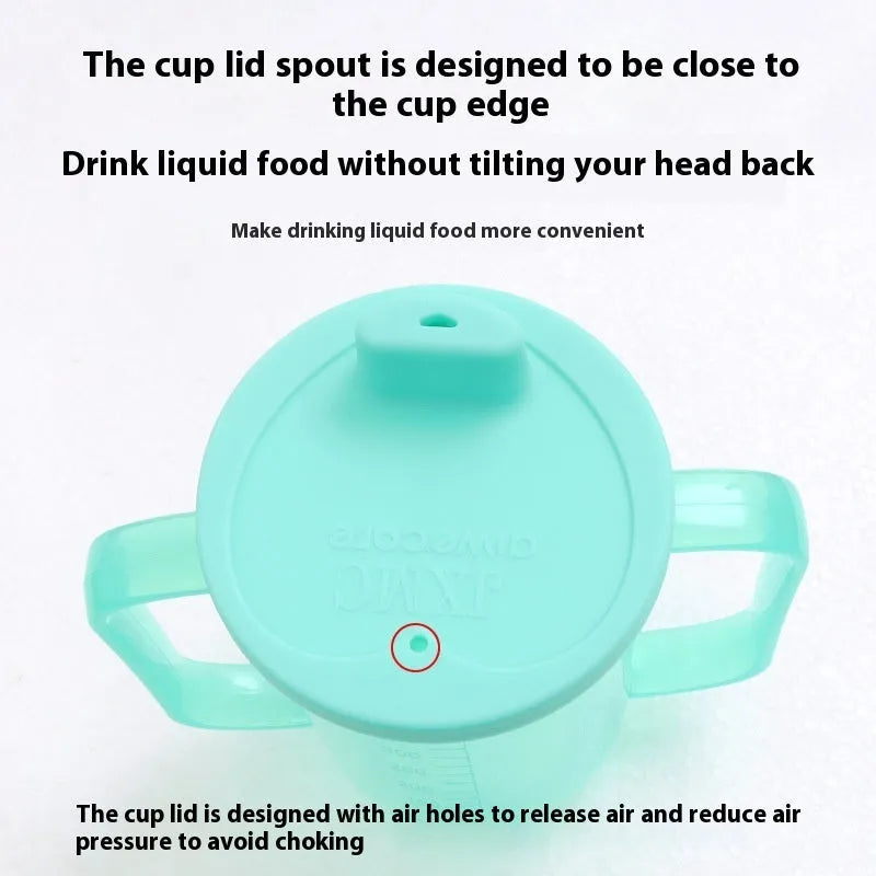 PP plastic anti-choke drinking cup with slanted mouth, handle, and lid for bed care.