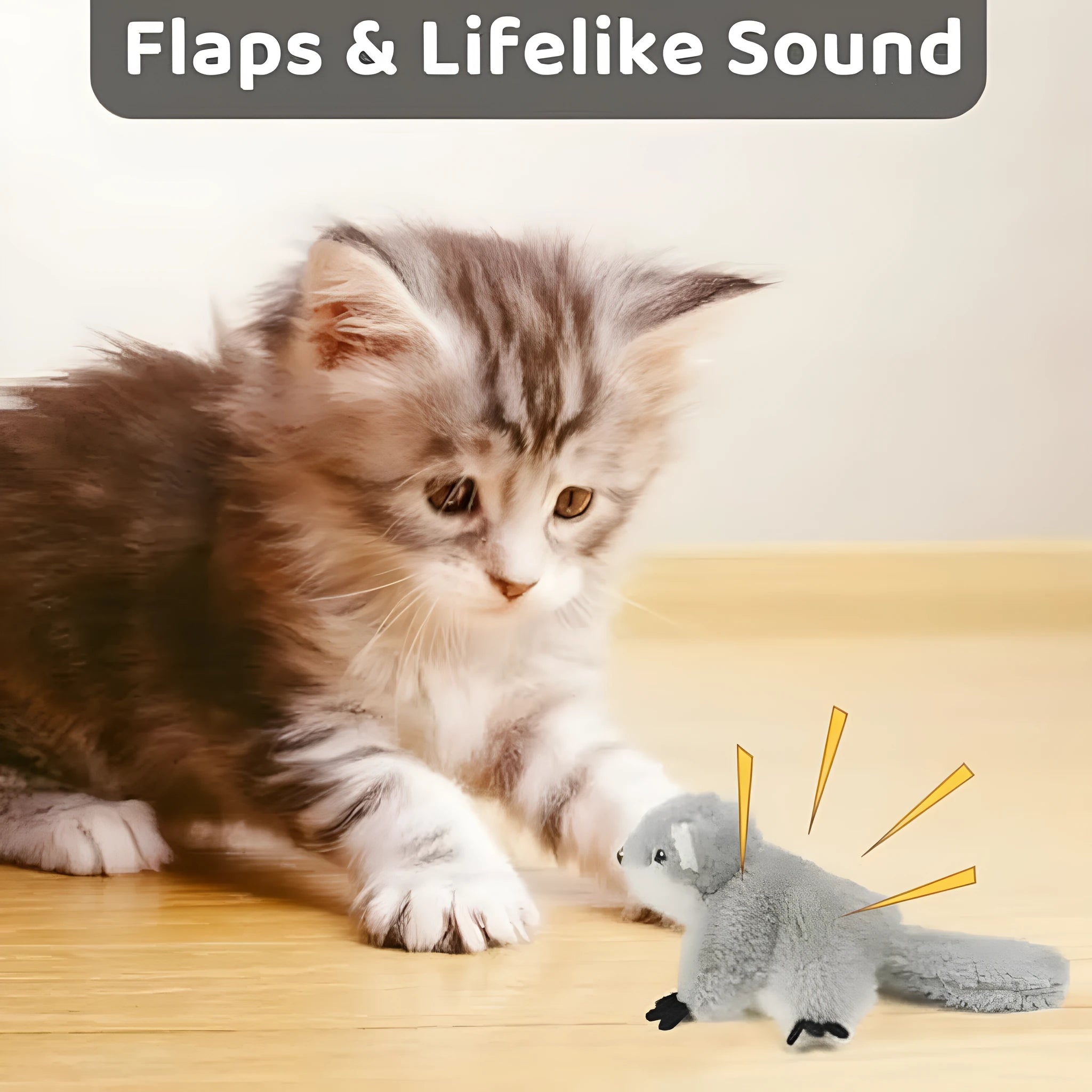 Grey plush flapping squirrel cat toy with open wings and touch-activated motion sensor for interactive kitten play