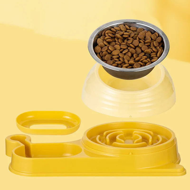 Brown elevated cat bowl with attached water dispenser bottle on a wooden floor.
