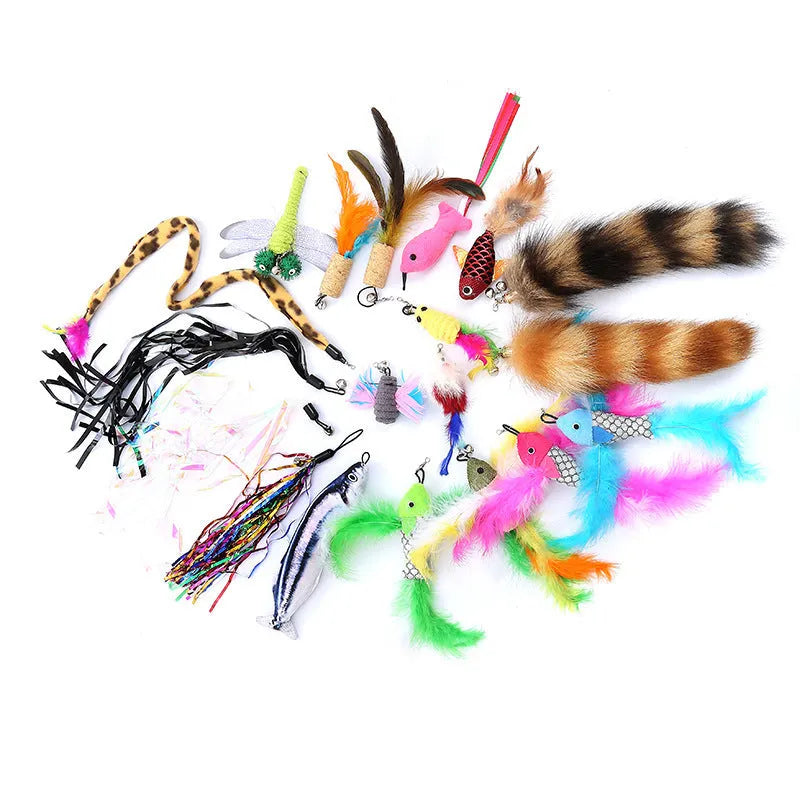Cat teaser feather fishing rod set with telescopic pole and multiple replacement heads