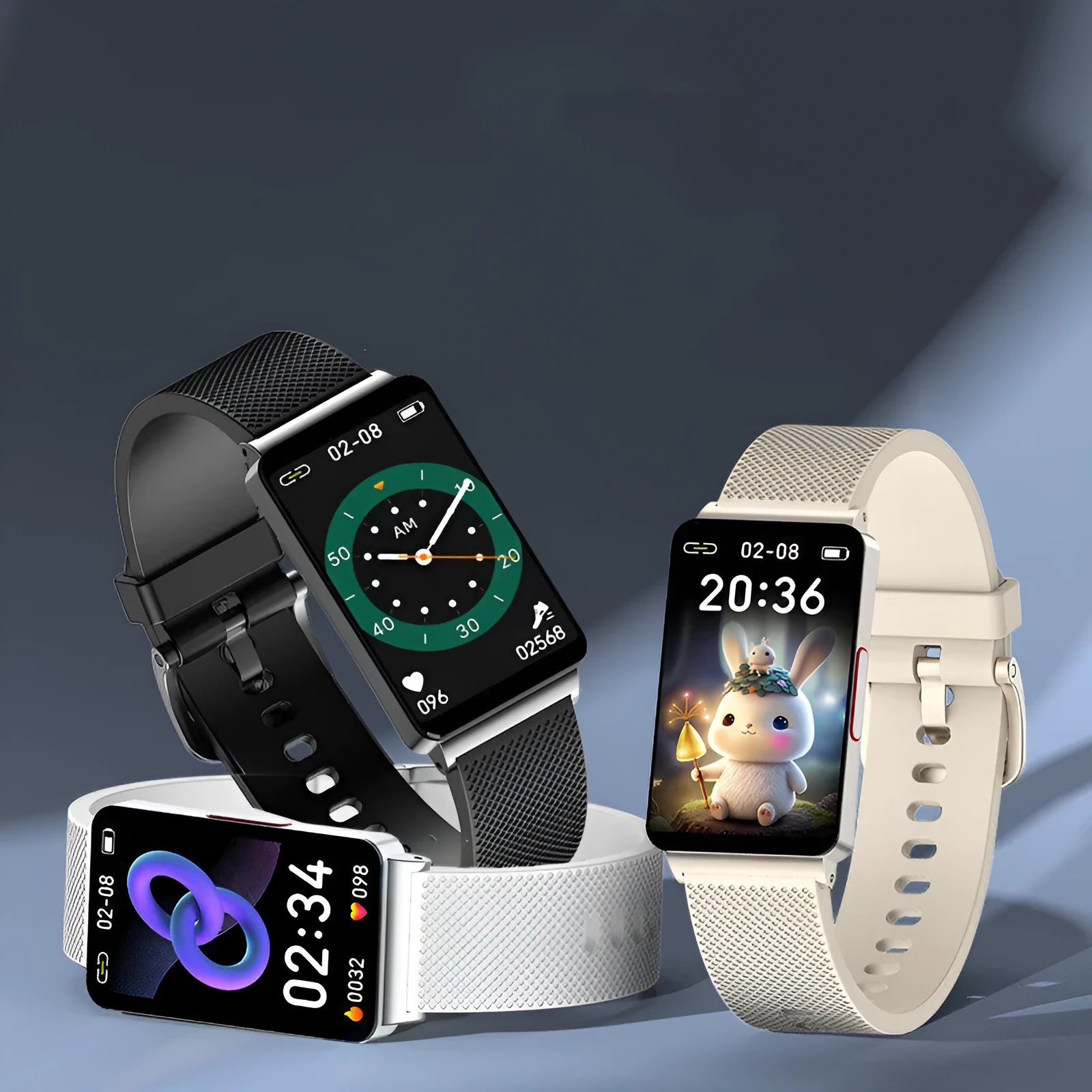 Blood Glucose EP08 Smart Bracelet in black, gold, or silver with TPU strap and touch screen.